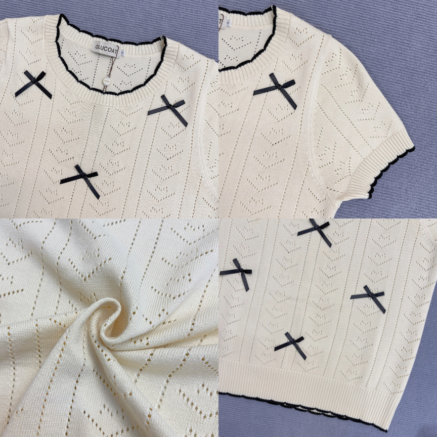 Glucoat | [A303] เสื้อนิตติ้งไหมพรมสีครีมลายฉลุ แต่งโบว์ดำ ขอบหยักสีดำ ราคา ถูกที่สุด ดีลบีเคเค แกลเลอรีภาพที่ 2