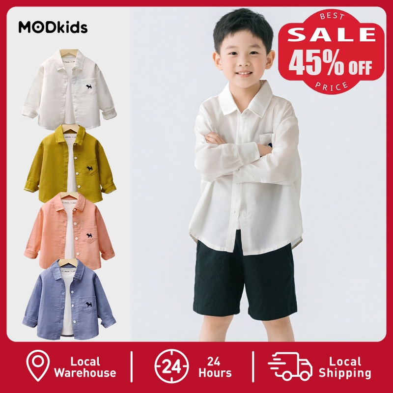 【MODkids】 เสื้อเชิ้ตสีขาวเด็ก แขนยาว ผ้าฝ้ายแท้ ใส่สบาย นุ่มสบาย สำหรับอายุ 3-8 ปี