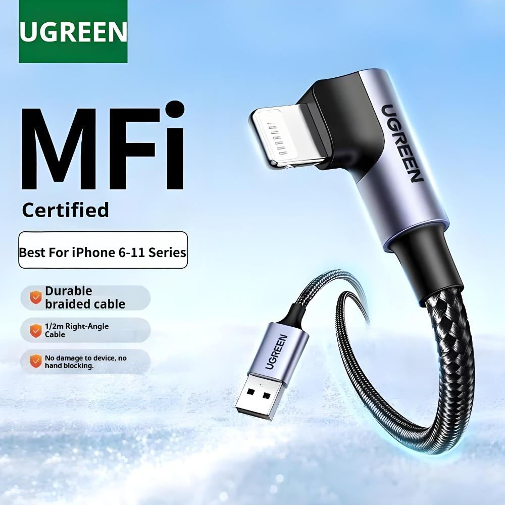 Ugreen 2.4A 90 องศา 3A MFI สายเคเบิลไนล่อนถักUSB-A สําหรับ iPhone 14 13 12 11