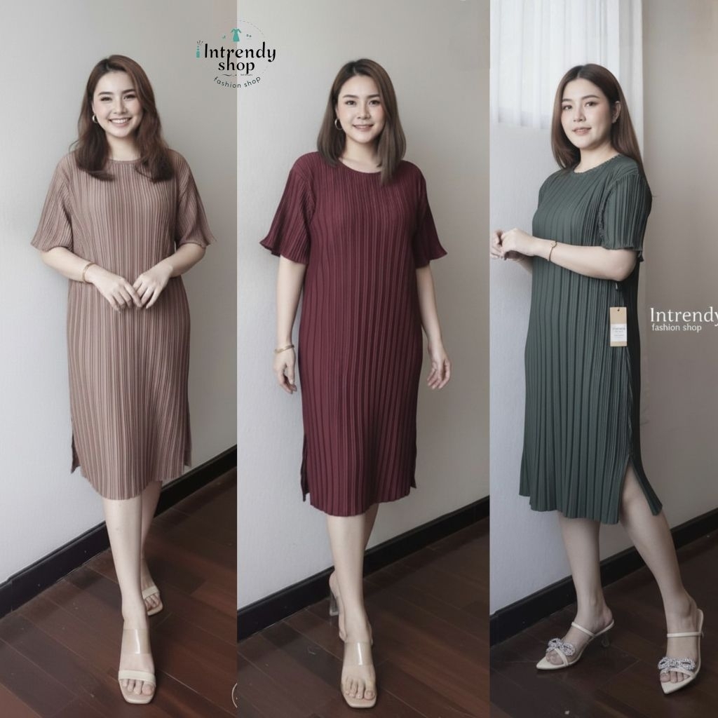 ใหม่.เดรสพลีทไฮเกรด รุ่นp60 tw คอกลมผ่าข้าง { อก:34 - 46 นิ้ว } เป็นเป็นผ้าอัดพลีทไฮเกรด