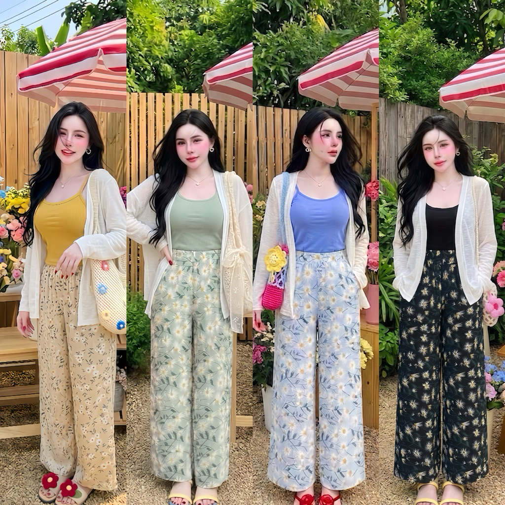 ชุดเซ๋ต 3 ชิ้นชายดอก สายเดี่ยว+กางเกง+เสื้อคลุม ฟรีไซร์