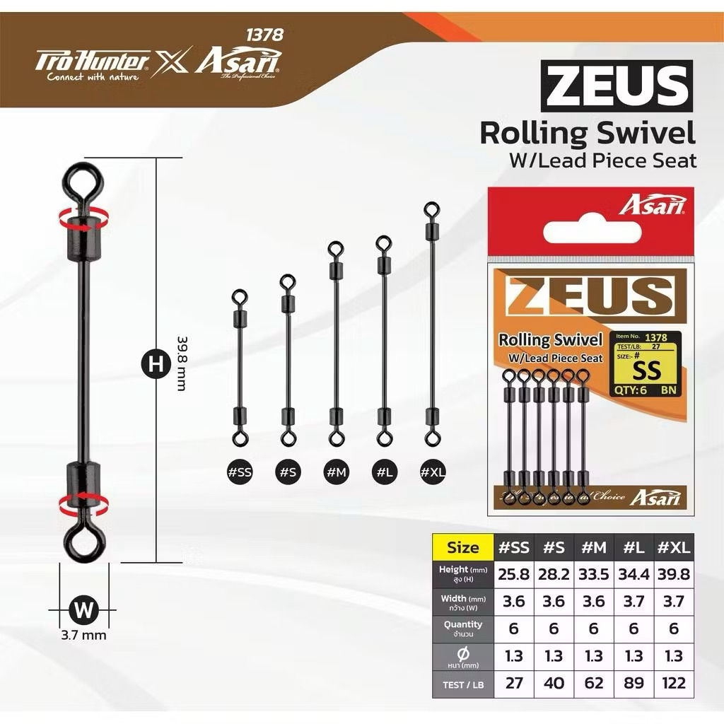 ZEUS Rolling Swivel w/Lead Piece Seat ระบบหมุนลื่น ลดการบิดพันของสาย รองรับแรงดึงสูงสุด 122 LB (ไซต์ XL)