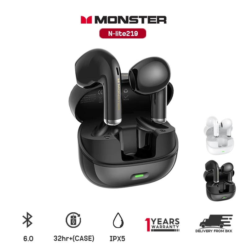 Monster N-Lite 219 หูฟังบลูทูธไร้สายแท้ กันน้ำกันเหงื่อ แบตเตอรี่ใช้งานนาน 32 ชั่วโมง