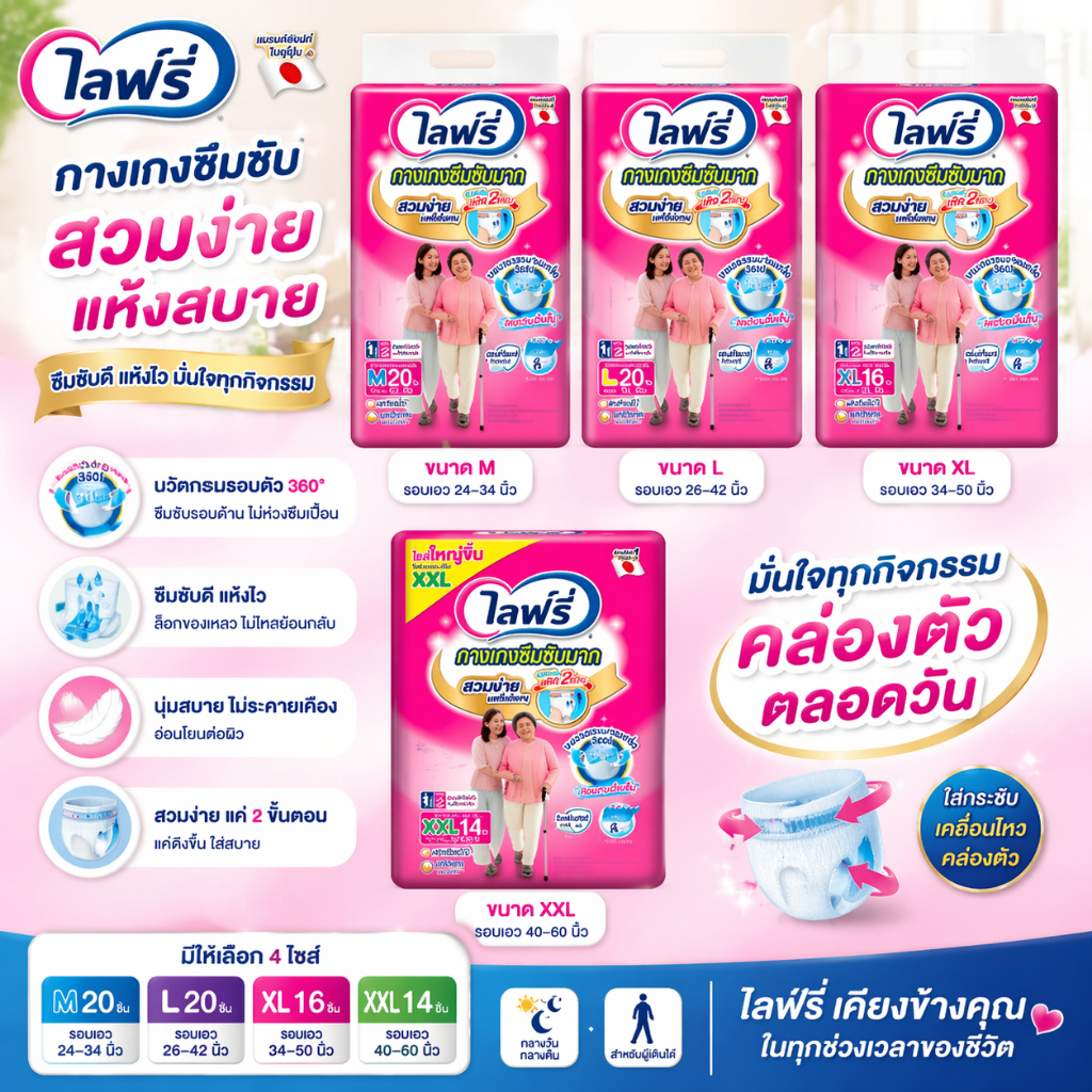 Lifree ไลฟ์รี่ ผ้าอ้อมผู้ใหญ่ กางเกงซึมซับมาก ไซส์ M 20 ชิ้น / L 20 ชิ้น / XL 16 ชิ้น / XXL 14 ชิ้น
