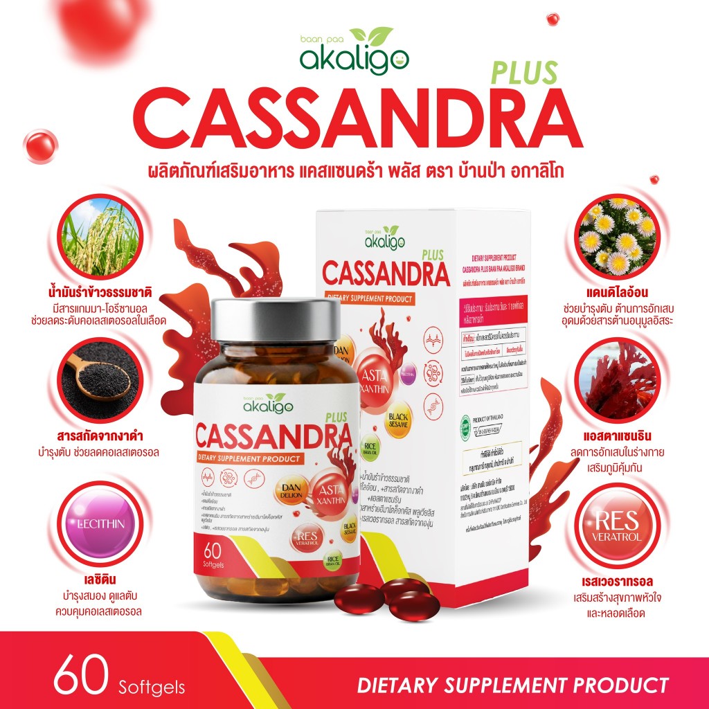 Cassandra Plus (แคสแซนดร้า พลัส) แอสตร้าแซนทีน ตรา บ้านป่า อกาลิโก ต้านอนุมูลอิสระ (60 Softgels)