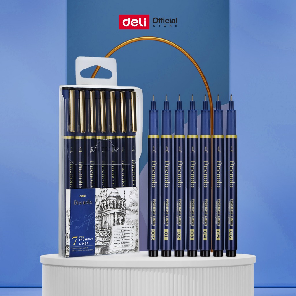 ชุดปากกาตัดเส้นสีดำ Deli รุ่น EQ909 สำหรับงานศิลปะ ตัดเส้น วาดภาพต่างๆ (จำหน่าย7ด้าม/7ขนาด/1ชุด)