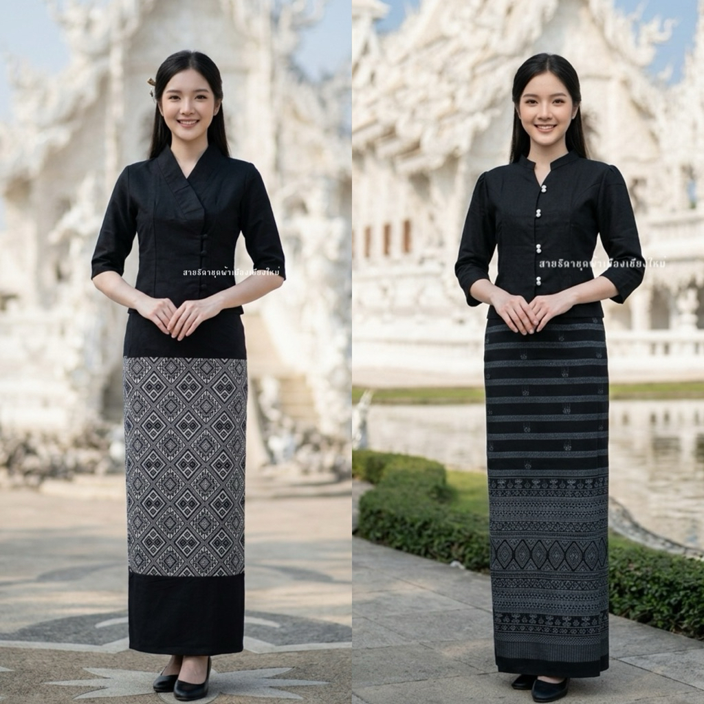 ชุดเซ็ต(เสื้อ+ผ้าถุง)สีดำ เนื้อผ้าฝ้าย แขนสามส่วน ไม่อัดกาว ดีไซน์เรียบง่าย สวยงาม ทันสมัย