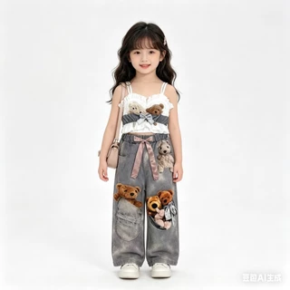 BB247 ชุดเด็กผู้หญิง เสื้อสายเดี่ยวแต่งระบาย+กางเกงขายาวลายหมี น่ารักหวานๆ