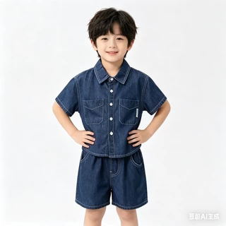 BB248 ชุดเซ็ตเด็กผู้ชาย เสื้อเชิ้ตยีนส์แขนสั้น+กางเกงขาสั้น ลุคเท่ ใส่สบาย