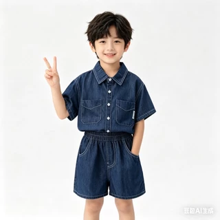 MC248 เซ็ตยีนส์เด็กผู้ชาย 2 ชิ้น เสื้อเชิ้ตคอปก กางเกงขาสั้น หล่อเท่สไตล์เกาหลี