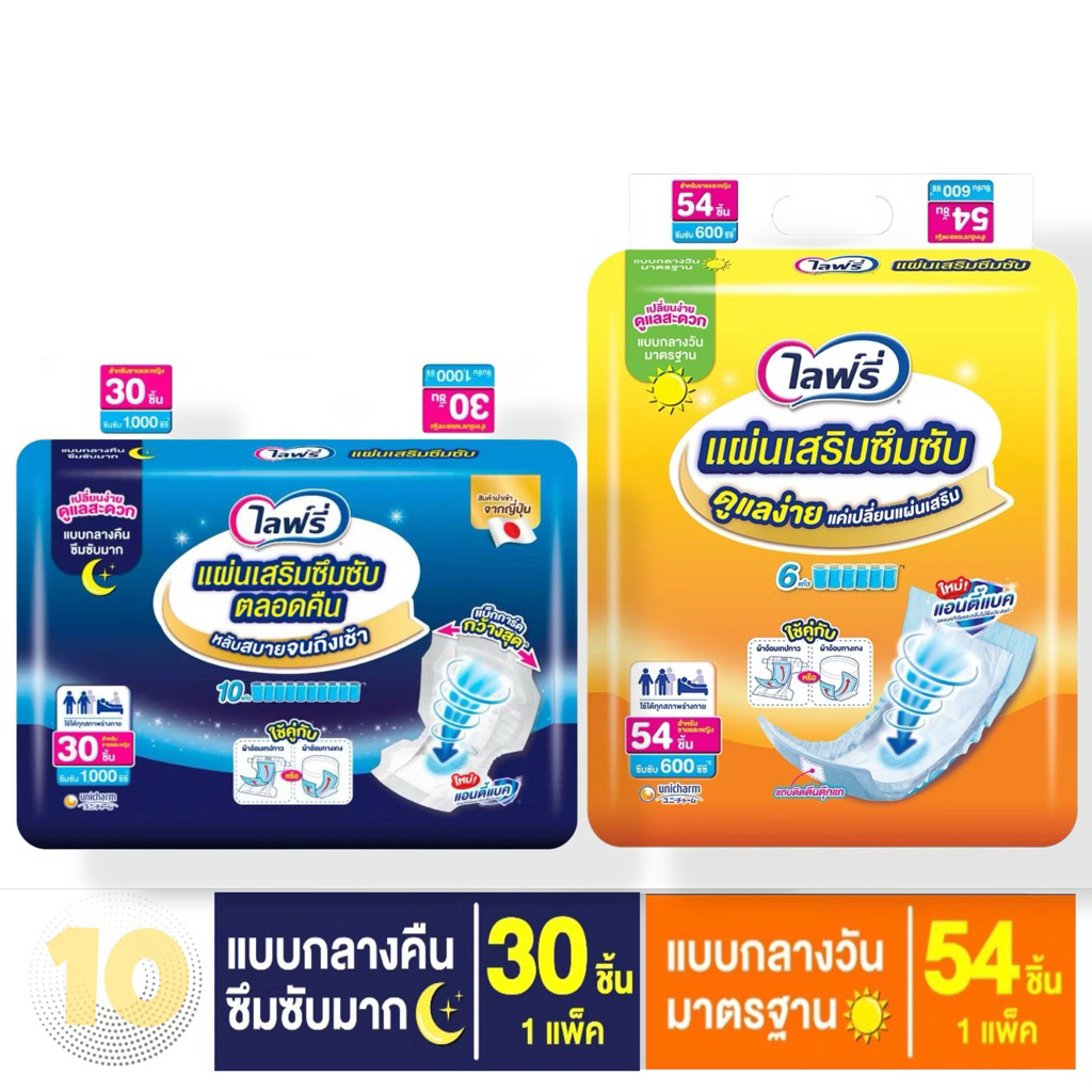 Lifree ไลฟ์รี่ แผ่นเสริมซึมซับ สำหรับผู้ใหญ่ (รุ่นกลางวัน // กลางคืน) **แพค 1 ห่อ**