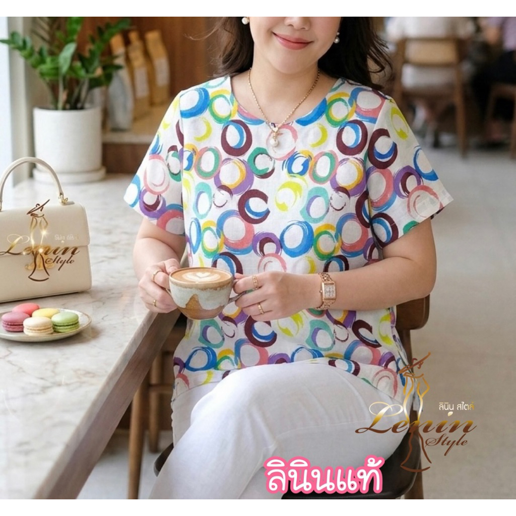 เสื้อลินินแขนสั้น เสื้อลายดอกไม้ เสื้อแขนสั้นใส่สวยน่ารัก