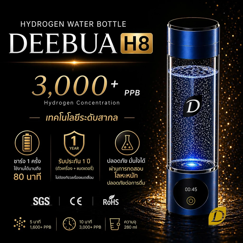 ขวดไฮโดรเจน เครื่องทำน้ำไฮโดรเจน DEEBUA H8 Hydrogen Water Bottle 3000+ PPB SPE/PEM รับประกัน 1 ปีเต็ม ทั้งเครื่อง+แบต