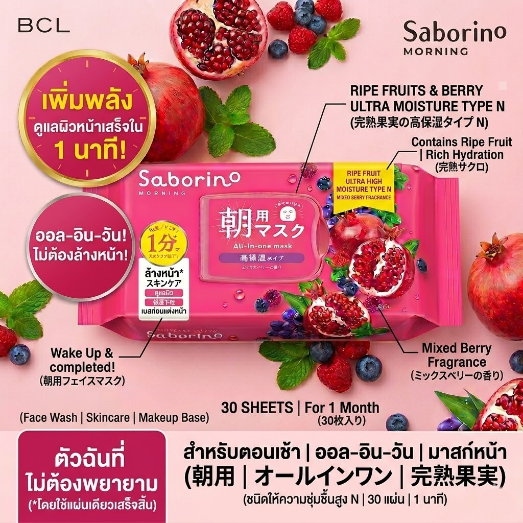 [Japan] Saborino Morning Face Mask Ripe Fruit High Moisture Type N - มาส์กหน้า 60 วินาที สูตรผลไม้สุกเข้มข้น 3-in-1 (30 แผ่น) กลิ่น Mixed Berry ☀️💕