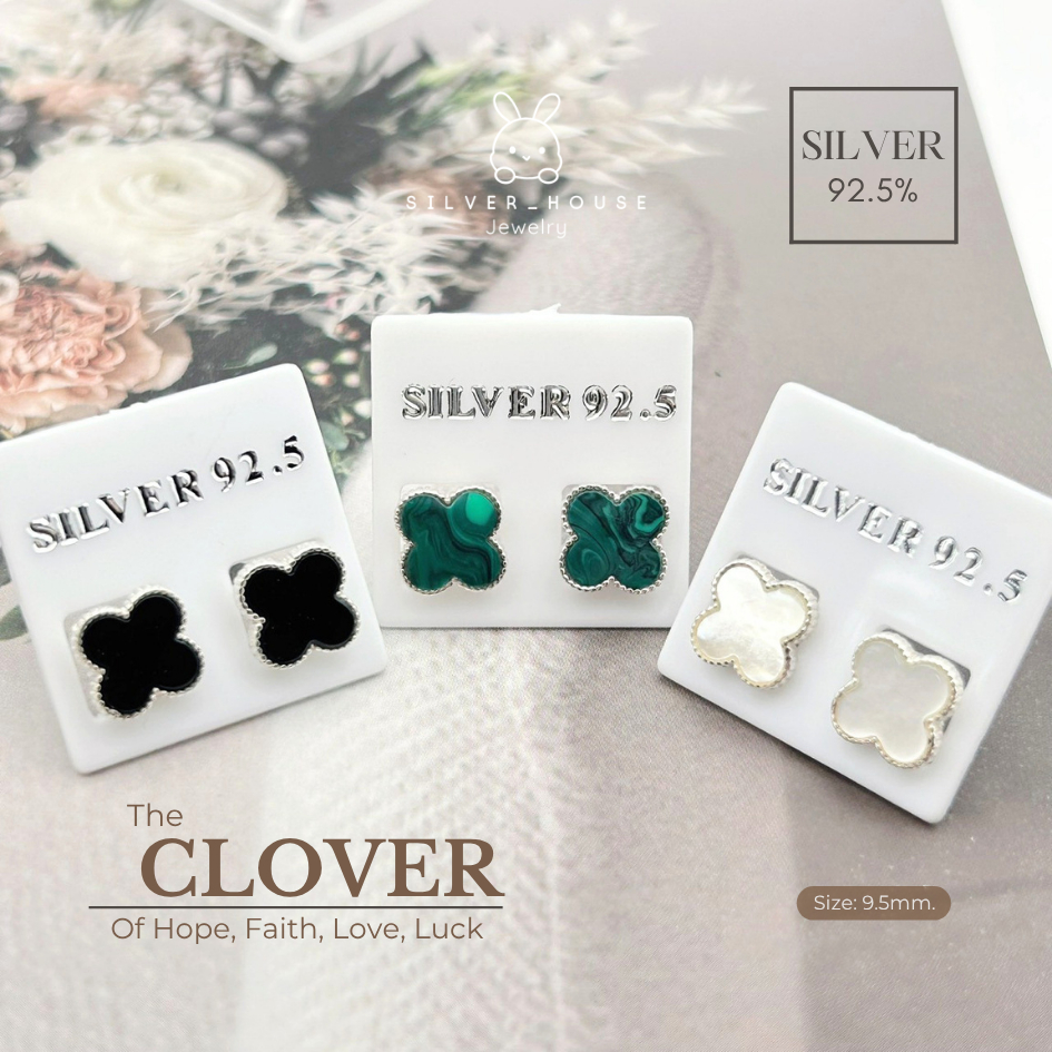 ต่างหูเงินแท้ 92.5% ต่างหูใบโคลเวอร์สีดำ/ สีเขียว/ สีขาว สวยมากๆค่ะ