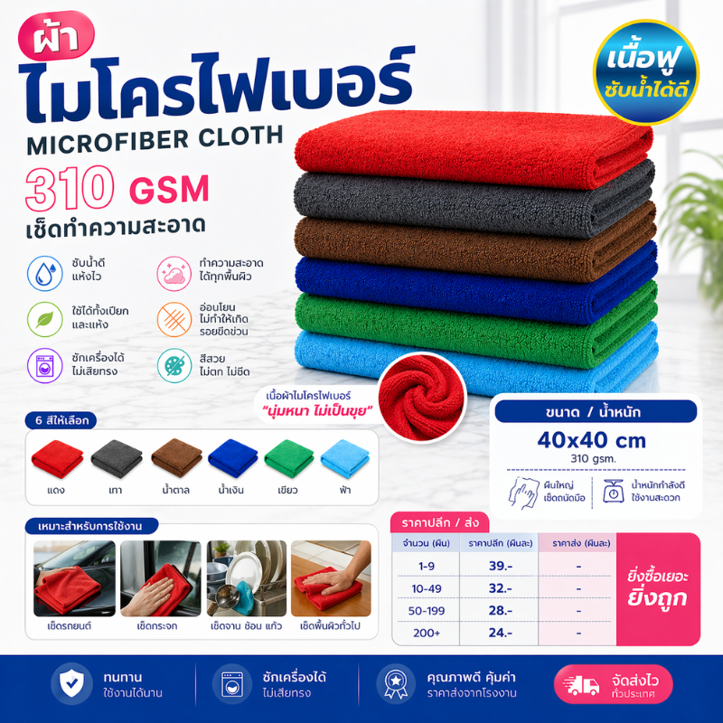 ( 10ผืน ) 40x40ซม 310แกรม ผ้าไมโครไฟเบอร์เช็ดรถ ผ้าไมโครไฟเบอร์ ผ้าเช็ดรถยนต์ เช็ดรถ เช็ดโต๊ะ เช็ดกระจก รูปที่ 2