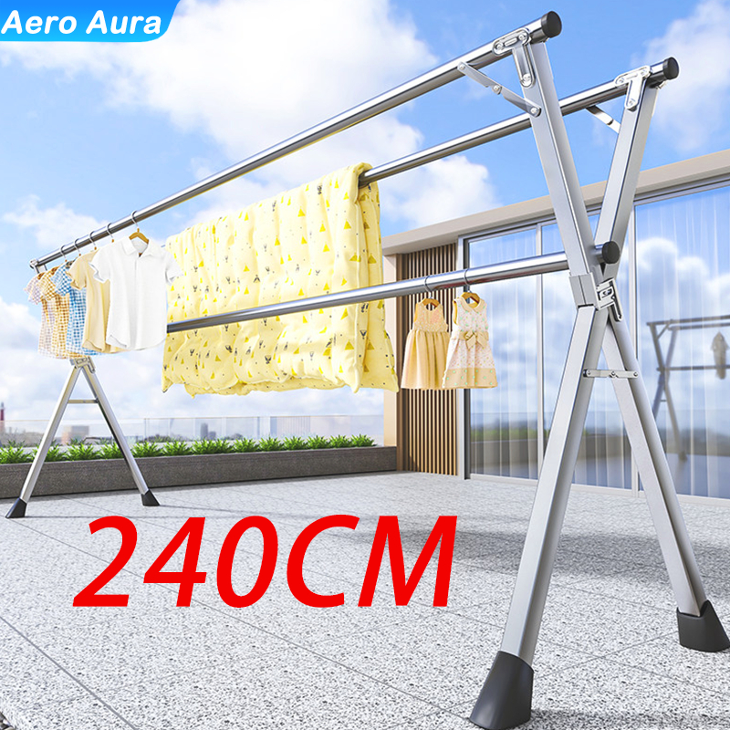 ราวตากผ้า 240cm ราวตากผ้าพับได้ ราวตากผ้าสแตนเลส พับเก็บง่าย ยืดหดได้ เหล็กกันสนิม น้ำหนักเบา แข็งแรงทนทาน X Drying Rack