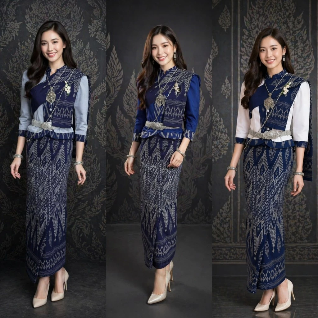 ชุดผ้าไทยอีสานประยุกต์ เสื้อไหมหม่อนแต่งแถบผ้าฝ้ายทอมือ+ผ้าถุงพิมพ์ลายต้นสนเพชรกรม+สไบ