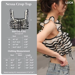 LUCA STUDIO_Nessa crop top - เสื้อครอปผ้าออแกนดี้รูดบาย สีครีมขอบดำ ดีไซน์เลเยอร์ซ้อนชั้นโบว์กลางอก