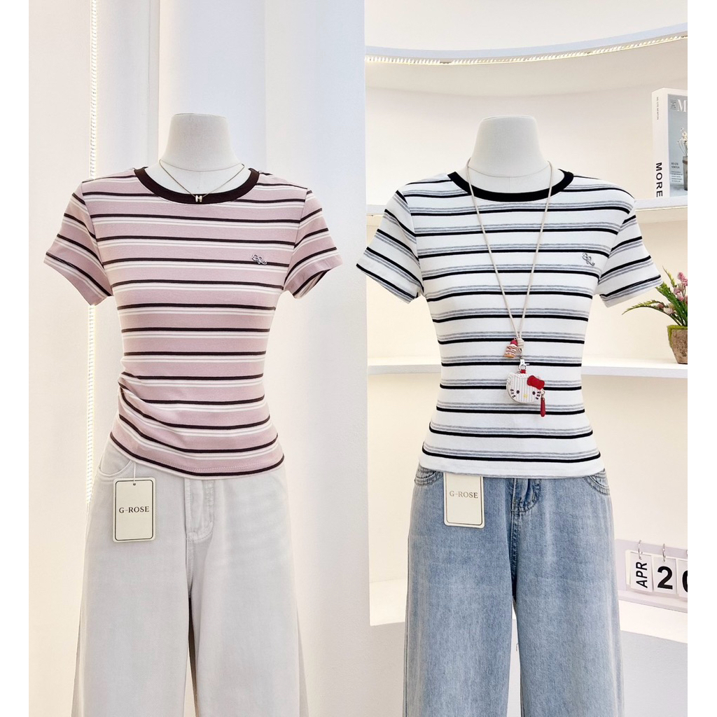 G-rose เสื้อยืดลายริ้ว แต่งอะไหล่เงิน