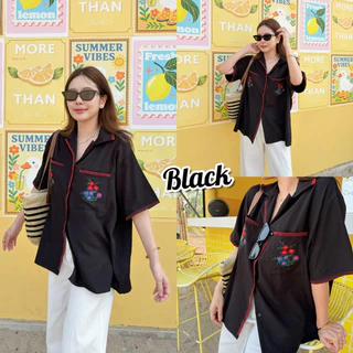 SUNKISSED SHIRT เสื้อเชิ้ตผู้หญิงโอเวอร์ไซส์แขนสั้น ปักลายกระเป๋า เสื้อเชิ้ตเกาหลี เสื้อคลุมผู้หญิง ผ้านุ่มใส่สบาย