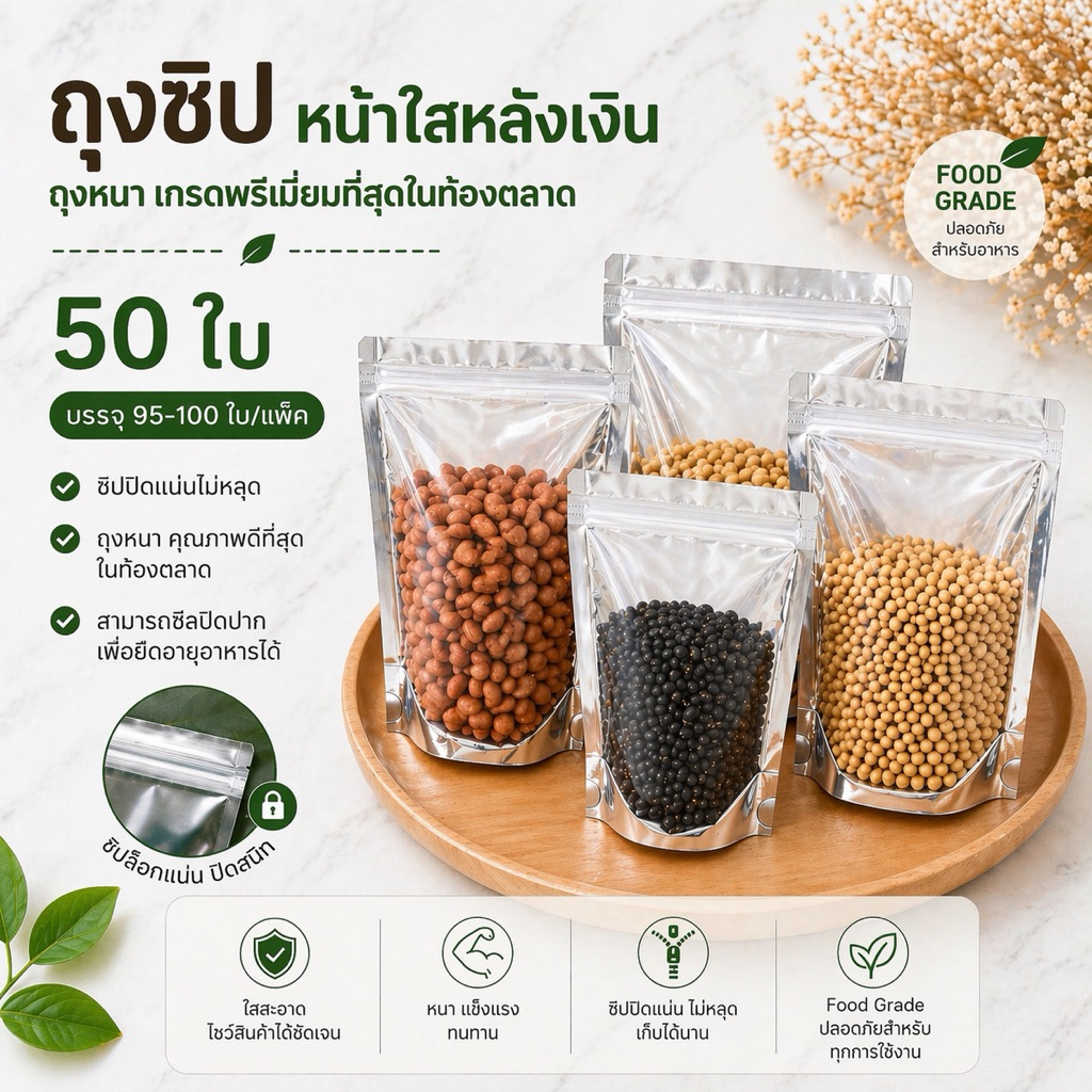 ถุงฟอยด์สีเงิน (50ใบ) ถุงซิป ตั้งได้  ด้านหน้าใส ด้านหลังทึบ ถุงฟอยด์ ถุงเงิน