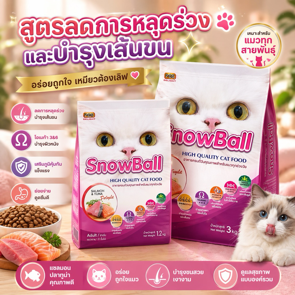 อาหารเม็ดสำหรับแมว อาหารแมวSnowball สูตรลดการหลุดร่วงและบำรุงขน