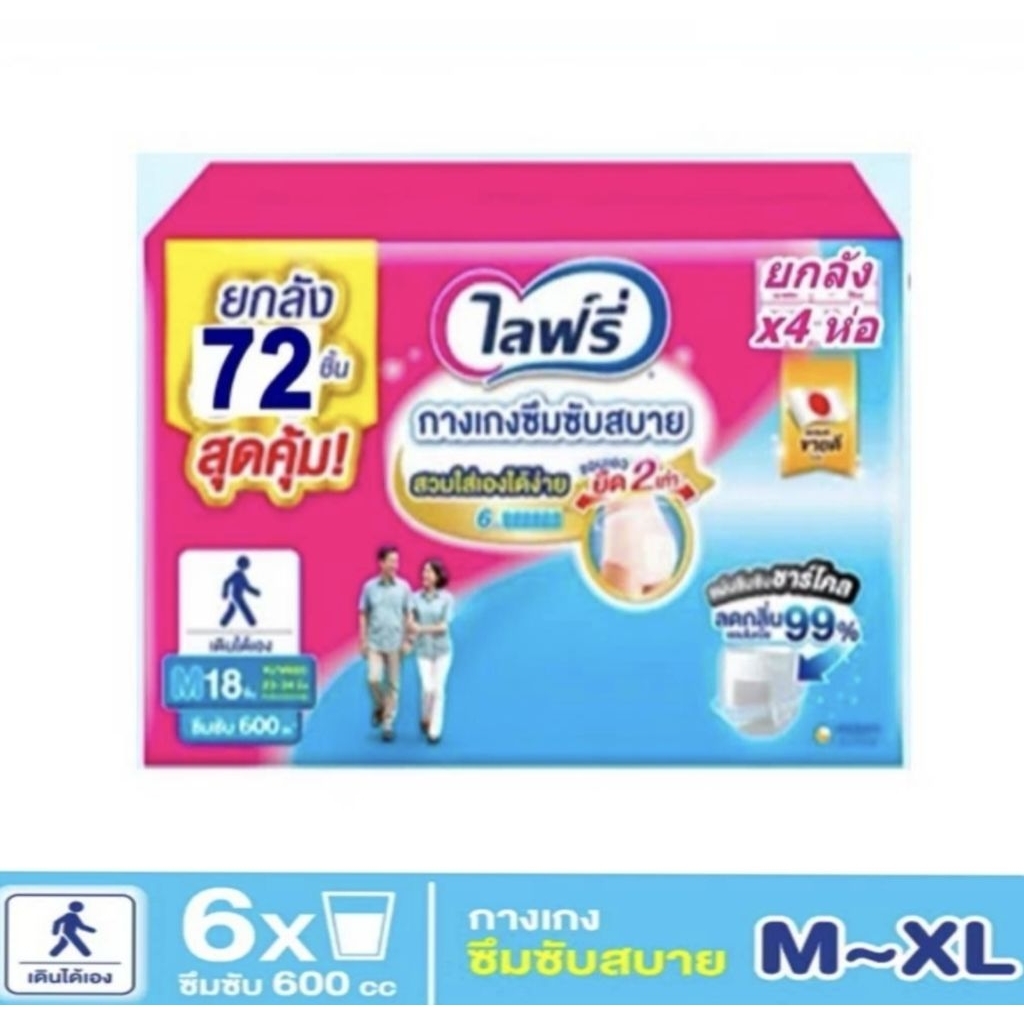 Lifree ไลฟ์รี่ ผ้าอ้อมผู้ใหญ่ รุ่นกางเกงซึมซับสบาย M - XL ยกลัง 4 ห่อ