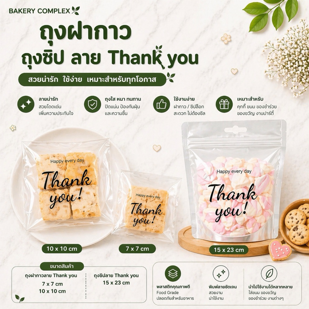 🚚ส่งฟรี ส่งไว🔥 ลายพิเศษ! ถุงฝากาว 2 ขนาด 7x7cm และ 10x10cm  ลาย Thank you บรรจุ 95-100 ใบ