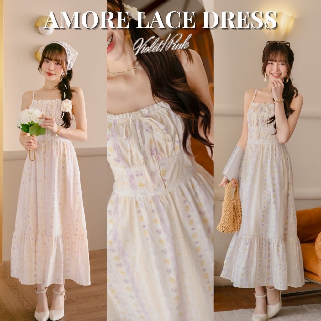 DR0608 LABELLE รุ่น Amore Lace Dress เดรสยาวปัก 2 สีละมุน