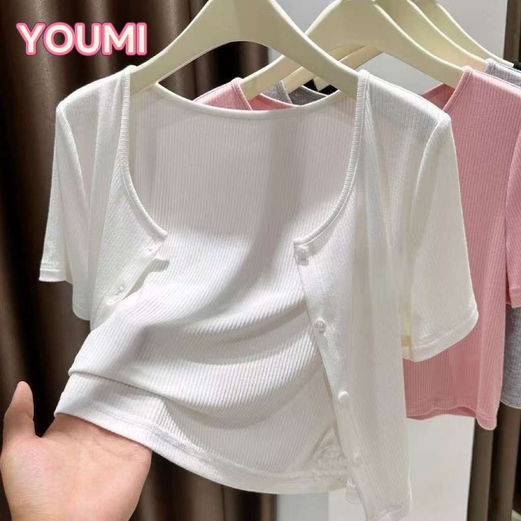 YOUMI ส่งไวจากไทย เสื้อแขนสั้น มีกระดุม ผู้หญิง สไตล์ลำลอง ใส่สบาย แมทช์ง่าย มี 4 สี