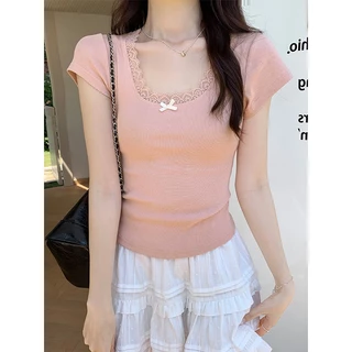 Hotgirl พร้อมส่งจากกทม เสื้อยืดแขนสั้นคอกลมลายลูกไม้สีขาวสำหรับผู้หญิง Y2Kเสื้อครอปทรงเข้ารูป