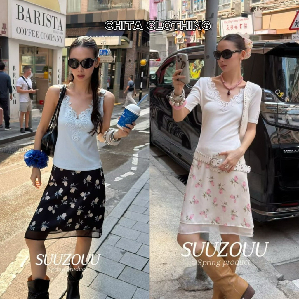 พร้อมส่ง SU229 กระโปรงสั้น ลายดอกไม้ แต่งสมอคหลัง ใส่ง่าย งานดูดี น่ารัก ทรงสวย Tag MMfish