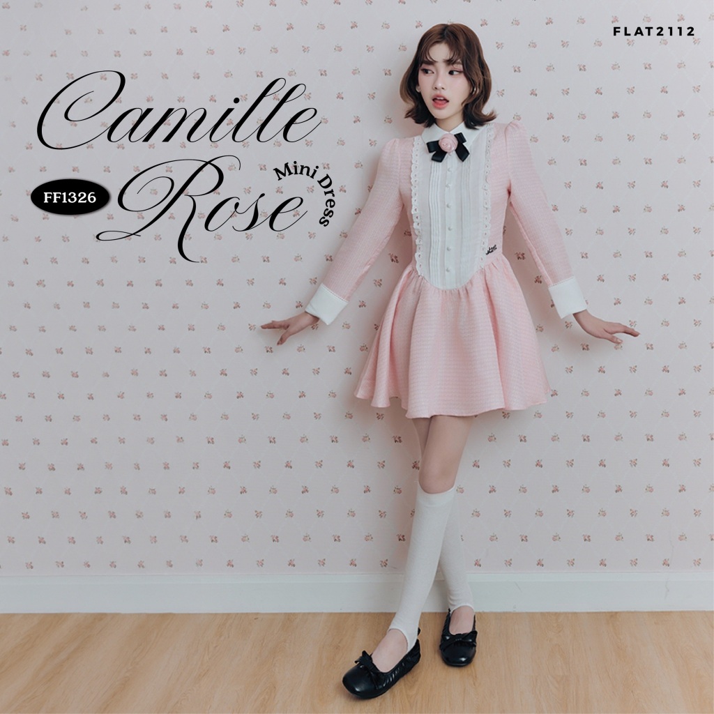 FLAT2112 : CAMILLE ROSE MINI DRESS เดรสสั้นผ้าทวีต สีชมพูอ่อน เดรสผ้าทวีต สไตล์เกาหลี เดรสสั้นทรงสวย (FF1326)