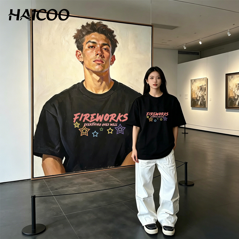 HAICOO ✨สินค้าพร้อมส่ง✨เสื้อยืดแขนสั้นผ้าฝ้ายคอตตอนลาย แบบหลวมและระบายอากาศได้ดี