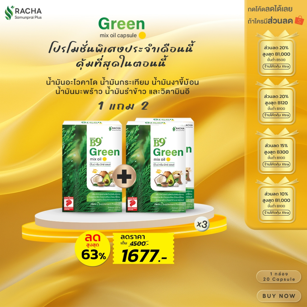 B9 GreenMixOil บีไนน์กรีนมิกซ์ออยล์ น้ำมันสกัดรวม 5 ชนิดและวิตามินอี (1 แถม 2 กล่อง) ลดคอเลสเตอรอลสูง ลดความดันโลหิตสูง