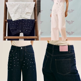 [พร้อมส่ง] CHUUCHOP - (XS-6XL) Candy Jeans กางเกงยีนส์ขากระบอกกลาง ดีเทลติดเพชร เก็บสัดส่วนดี (C8570)