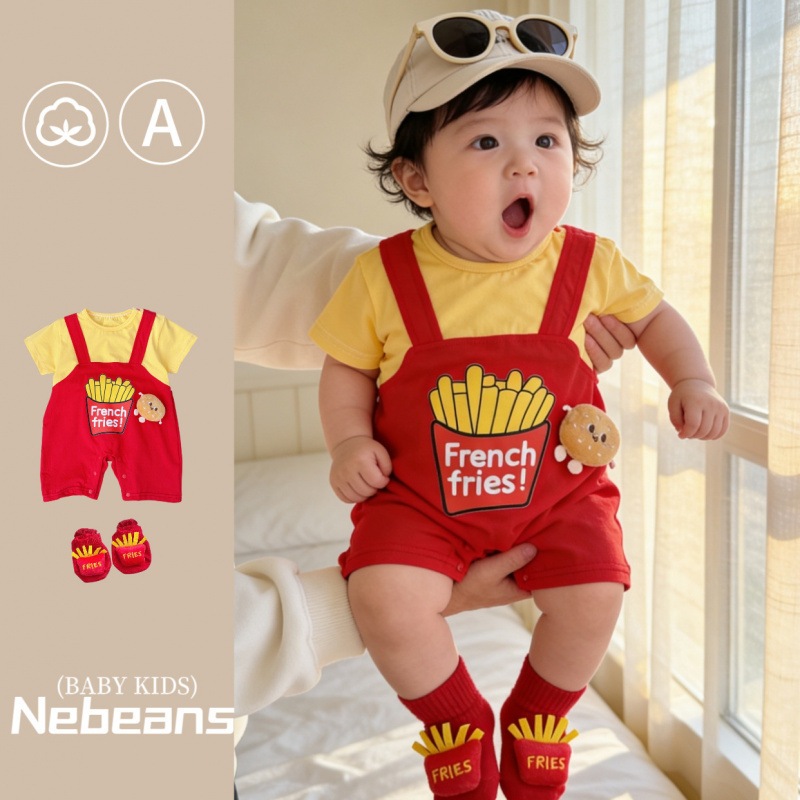 NT BABY-224 🍟👶 ชุดจั๊มสูทเด็กลายเฟรนช์ฟรายส์ สีแดงสดใส น่ารักสุดคิ้วท์ ❤️✨ ชุดชิ้นเดียว ใส่ง่าย สะดวกสุดๆ 👕