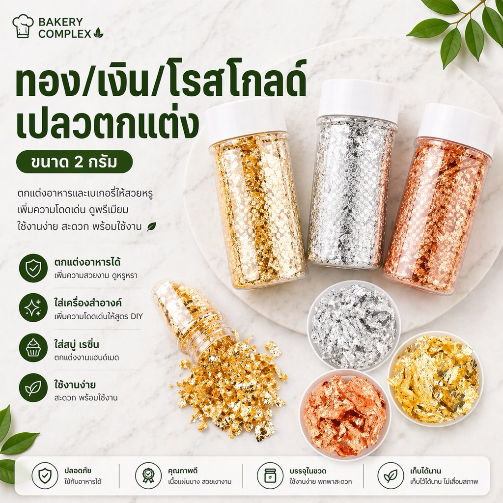 🚚ส่งฟรี🔥 ทอง/เงิน/โรสโกลด์เปลว ทองคำเปลวตกแต่งอาหาร ตกแต่งโดนัททองคำได้ ตกแต่งขนม เครื่องสำอาง สบู่ ทำเรซิ่น