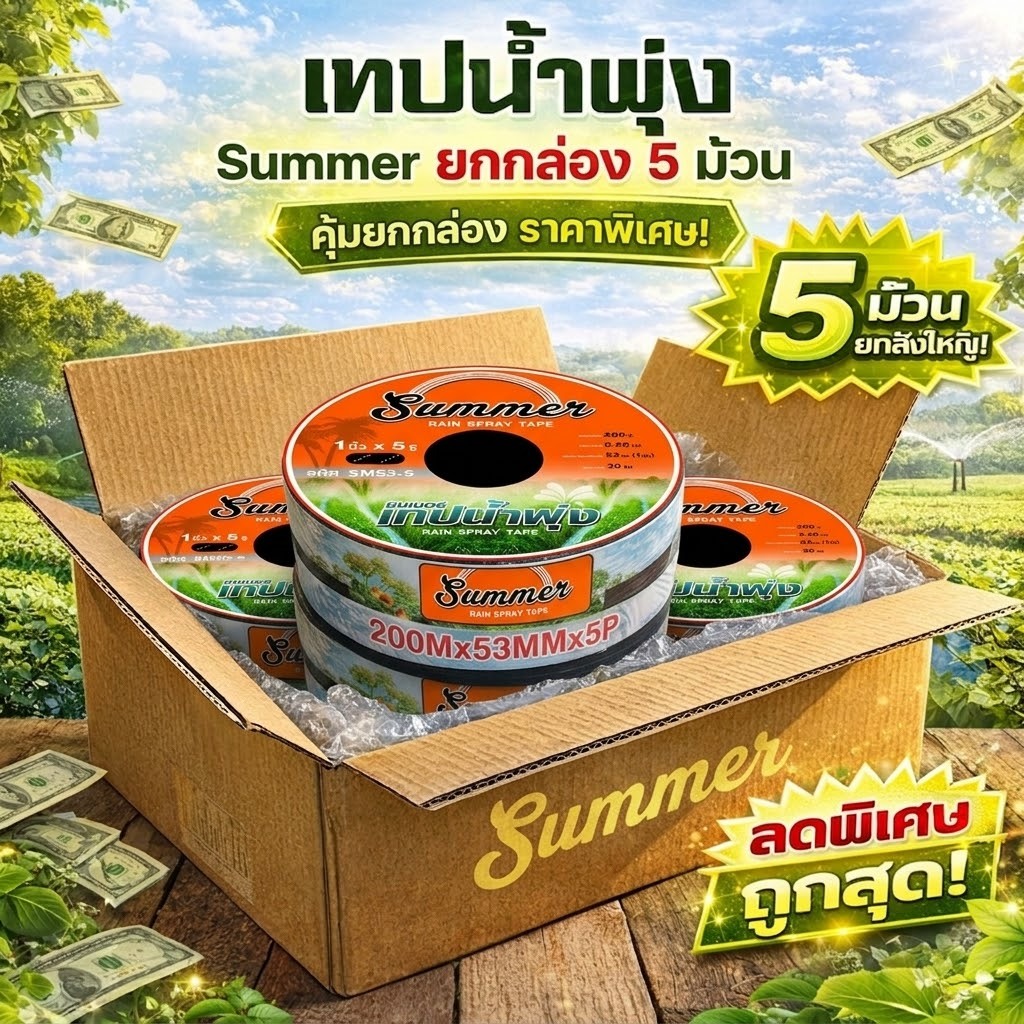 ยกลัง 5 ม้วน เทปน้ำพุ่ง สายน้ำพุ่ง ขนาด 1 นิ้ว x  5 รู เจาะเฉียง สวมท่อขนาด 1 นิ้ว 53 mm