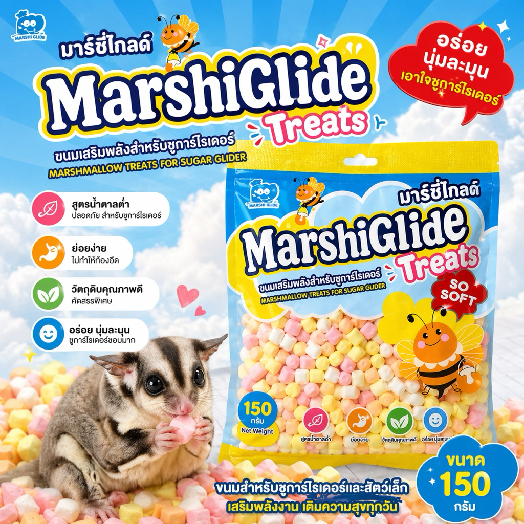 MarshiGlide Treats – มาร์ชี่ไกลด์ ขนมเสริมพลังสำหรับชูการ์ไรเดอร์ นุ่ม อร่อย ย่อยง่าย (150 กรัม)