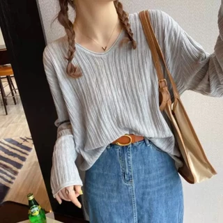 เสื้อสเวตเตอร์คอวี สไตล์เกาหลี เนื้อผ้านุ่มสบาย แขนยาวบาง สำหรับผู้หญิง