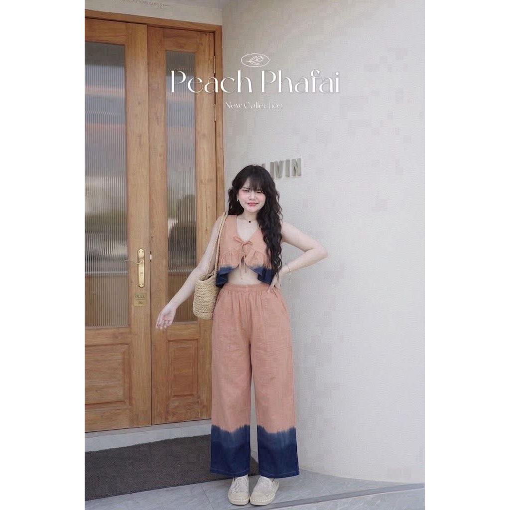 ชุดเซ็ตสีชมพูแต่งย้อมคราม เนื้อผ้าฝ้าย