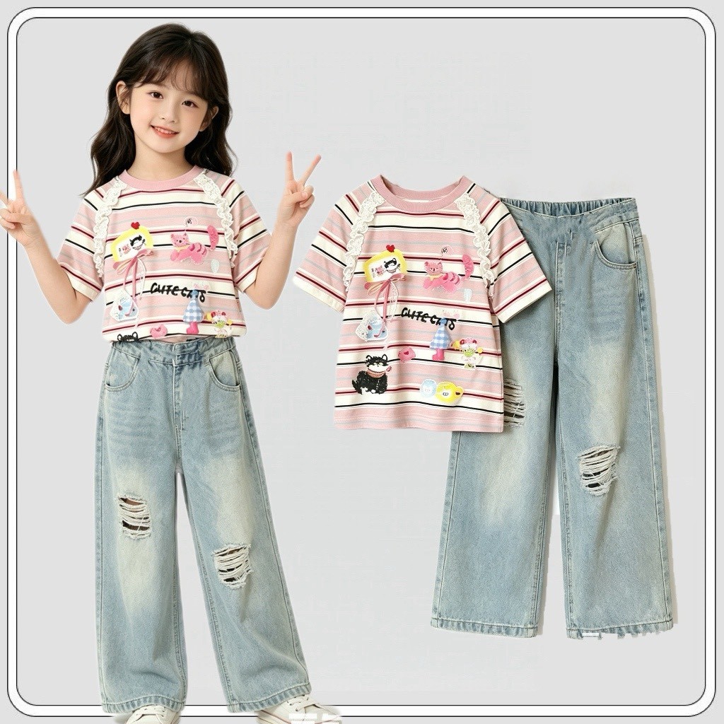 MC256 ชุดเด็กผู้หญิงน่ารัก เสื้อโบว์ตุ๊กตา + กางเกงยีนส์ขาด เซ็ตสุดคิวท์