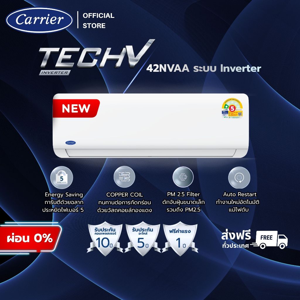 Carrier แอร์ระบบ Inverter รุ่น Tech V ขนาด 9,000 - 24,000 BTU ปี 2026