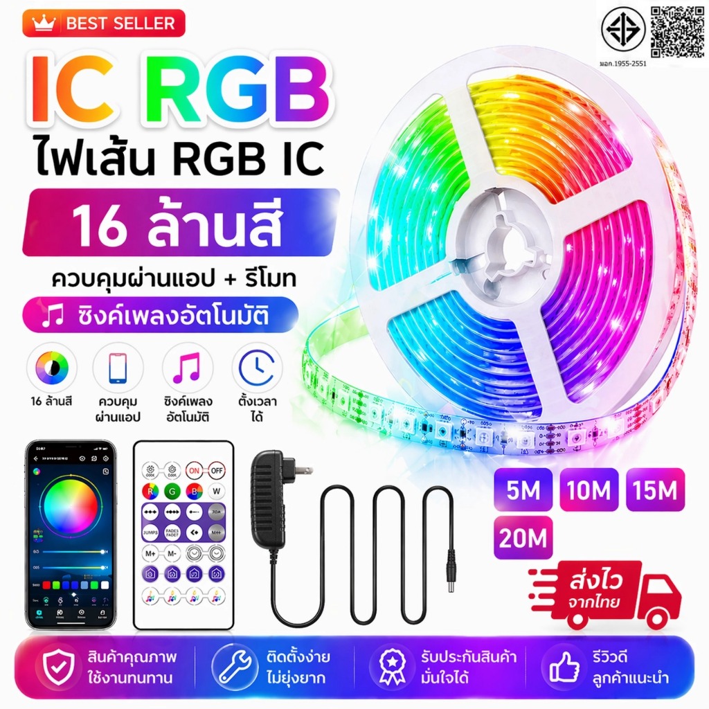 ไฟ LED RGB ไฟเส้นซิงค์เพลง 16 ล้านสี ไฟแต่งห้องนอน โต๊ะเกมเมอร์ ไฟนีออน ควบคุมผ่านแอป/รีโมท พร้อมส่ง