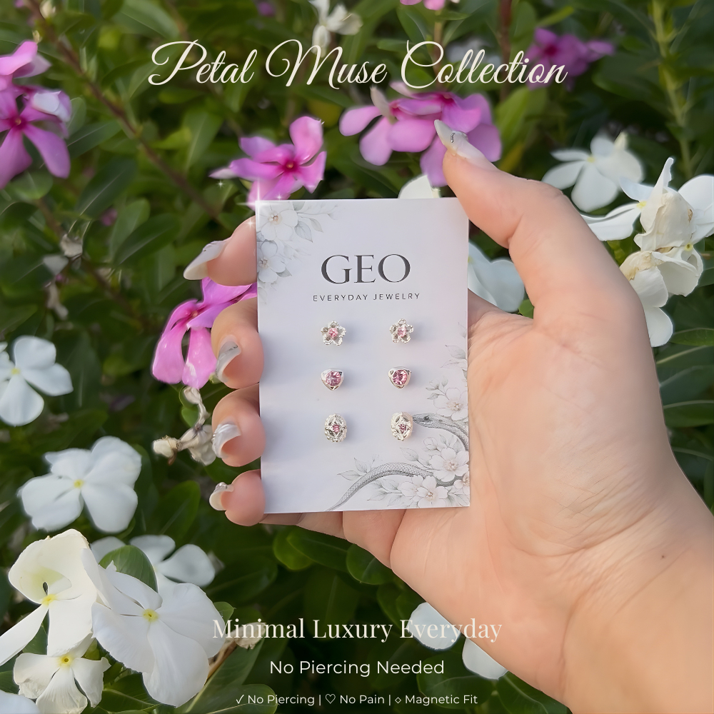 GEO Petal Muse Collection – ต่างหูแม่เหล็ก ไม่ต้องเจาะหู สไตล์ดอกไม้ & หัวใจชมพู ใส่ได้ทุกวัน