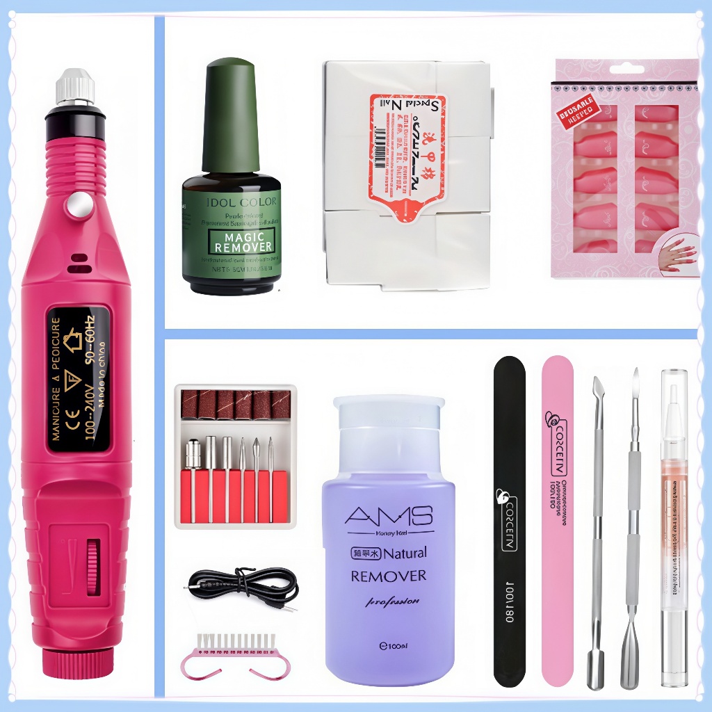 ชุดน้ํายาล้างเล็บ 11 ปูธ  เครื่องเจียรเล็บ+น้ำยาล้างเล็บเจล+น้ำยาถอดสีเจล+400ปูธ แผ่นสําลี ผ้าฝ้าย+คลิปกำจัดเล็บ