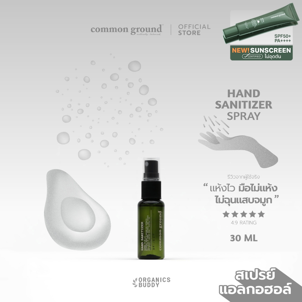 Common Ground Alcohol Hand Sanitizer Spray สเปรย์แอลกอฮอล์ 77.7% ฆ่าเชื้อโรค 99.9% มือไม่แห้ง 30ml