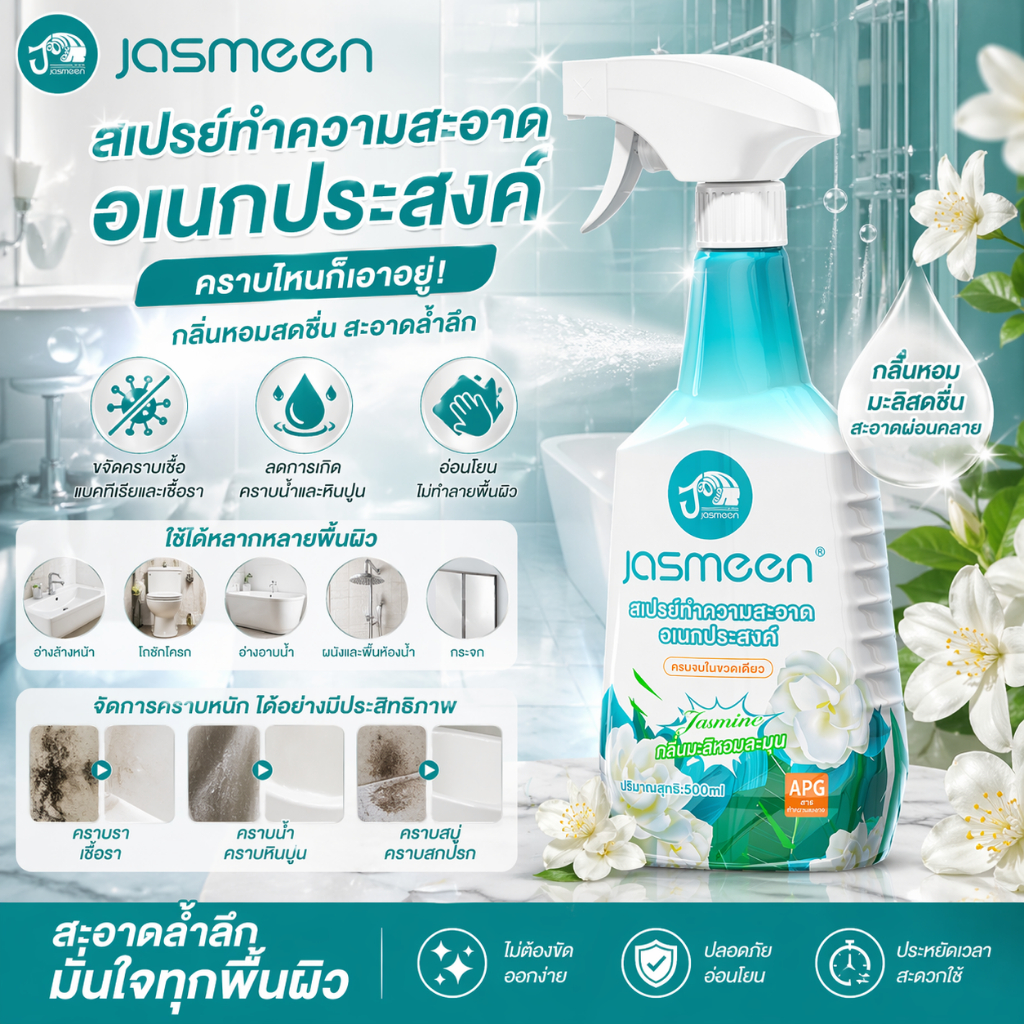 JASMEEN ผลิตภัณฑ์ทำความสะอาดอเนกประสงค์  โฟม น้ำยาทำความสะอาดพื้นและกระเบื้อง ขจัดคราบสกปรก ฆ่าเชื้อแบคทีเรีย 500ml